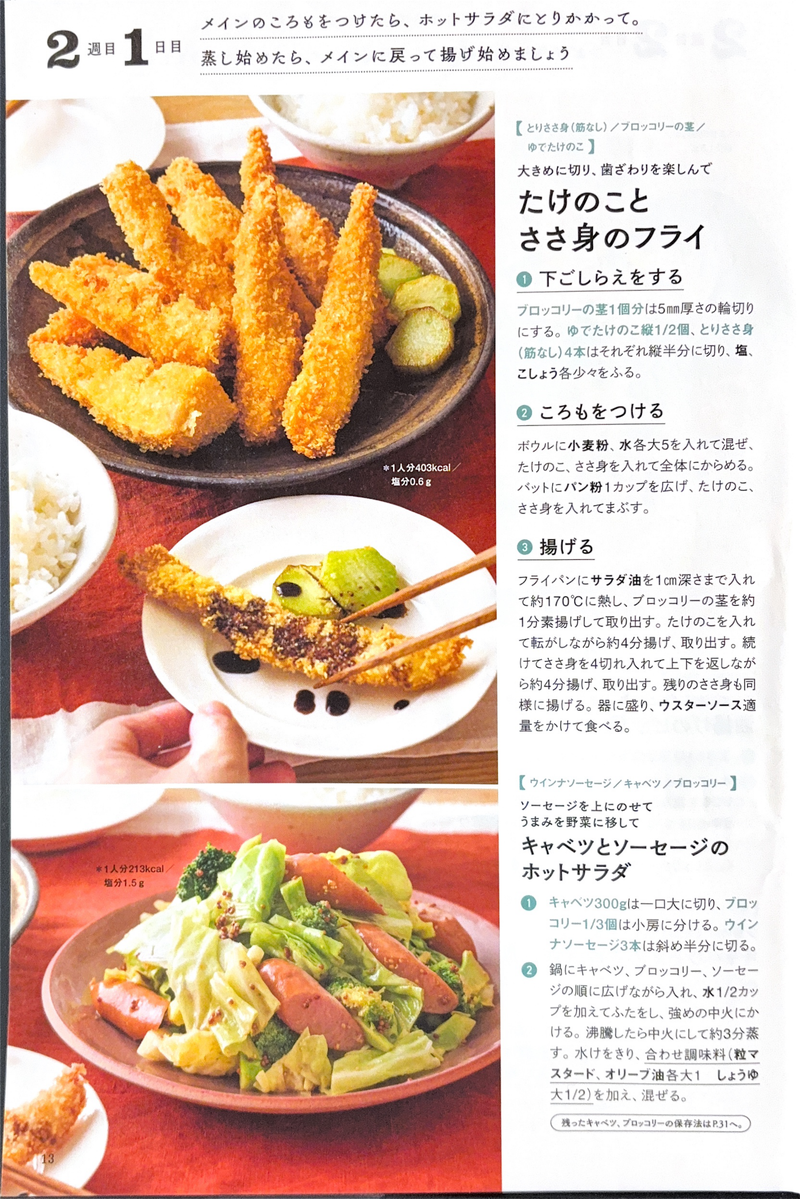 レタスクラブ献立カレンダーのレシピページ（2週目1日目：たけのことささ身のフライ＆キャベツとソーセージのホットサラダ）